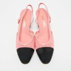 Pre Owned Chanel Pink/Black Leather and Grosgrain Cap Toe Slingback Pumps Size 37.5