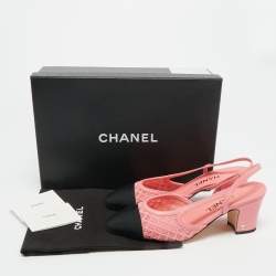 Pre Owned Chanel Pink/Black Leather and Grosgrain Cap Toe Slingback Pumps Size 37.5