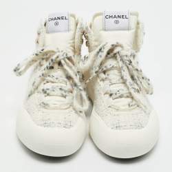 Pre Owned Chanel Tricolor Tweed CC High Top Sneakers Size 39.5