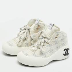 Pre Owned Chanel Tricolor Tweed CC High Top Sneakers Size 39.5