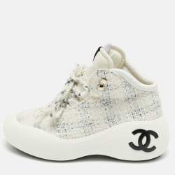 Pre Owned Chanel Tricolor Tweed CC High Top Sneakers Size 39.5
