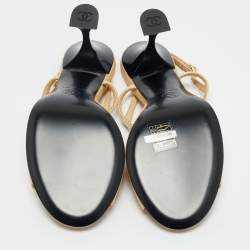 Pre Owned Chanel Beige Leather and Canvas Ankle Strap Sandals Size 37.5