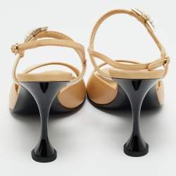 Pre Owned Chanel Beige Leather and Canvas Ankle Strap Sandals Size 37.5