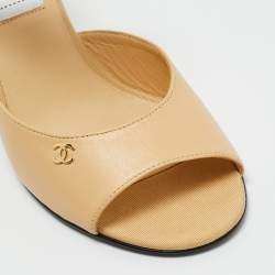 Pre Owned Chanel Beige Leather and Canvas Ankle Strap Sandals Size 37.5