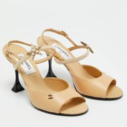 Pre Owned Chanel Beige Leather and Canvas Ankle Strap Sandals Size 37.5