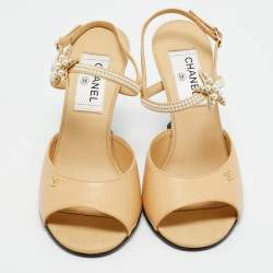 Pre Owned Chanel Beige Leather and Canvas Ankle Strap Sandals Size 37.5
