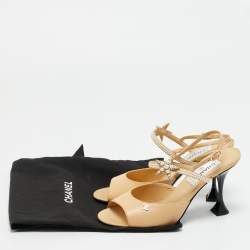 Pre Owned Chanel Beige Leather and Canvas Ankle Strap Sandals Size 37.5