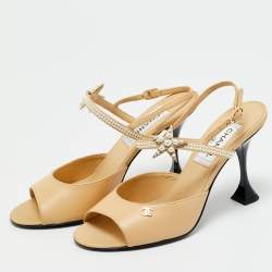 Pre Owned Chanel Beige Leather and Canvas Ankle Strap Sandals Size 37.5