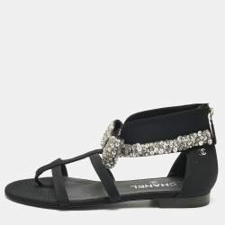 Pre Owned Chanel Black Canvas Crystal Embellished Bow Flat Sandals Size 39.5