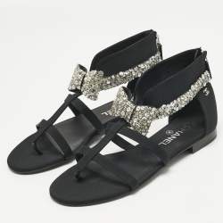 مملوكة مسبقًا Chanel Black Canvas Crystal Embellished Bow Flat Sandals Size 39.5
