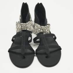 مملوكة مسبقًا Chanel Black Canvas Crystal Embellished Bow Flat Sandals Size 39.5