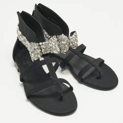مملوكة مسبقًا Chanel Black Canvas Crystal Embellished Bow Flat Sandals Size 39.5