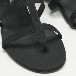 مملوكة مسبقًا Chanel Black Canvas Crystal Embellished Bow Flat Sandals Size 39.5