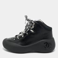 Pre Owned Chanel Black Leather and Nylon CC Chunky High Top Sneakers Size 39.5