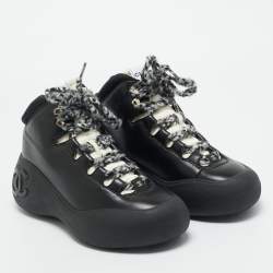 Pre Owned Chanel Black Leather and Nylon CC Chunky High Top Sneakers Size 39.5