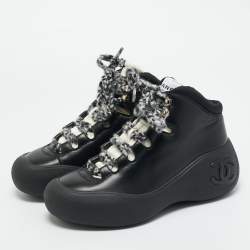 Pre Owned Chanel Black Leather and Nylon CC Chunky High Top Sneakers Size 39.5