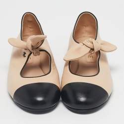 Pre Owned Chanel Beige/Black Leather CC Cap Toe Mary Jane Ballet Flats Size 39.5