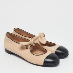 Pre Owned Chanel Beige/Black Leather CC Cap Toe Mary Jane Ballet Flats Size 39.5