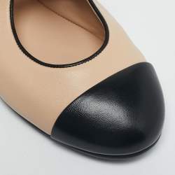 Pre Owned Chanel Beige/Black Leather CC Cap Toe Mary Jane Ballet Flats Size 39.5