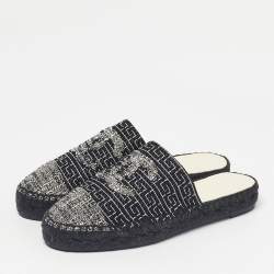 Pre Owned Chanel Black/White Tweed CC Espadrille Mules  Size 36