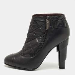 Pre Owned Chanel Black Leather CC Cap Toe  Ankle Length Boots Size 36.5