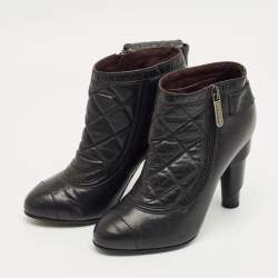 Pre Owned Chanel Black Leather CC Cap Toe  Ankle Length Boots Size 36.5