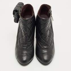 Pre Owned Chanel Black Leather CC Cap Toe  Ankle Length Boots Size 36.5