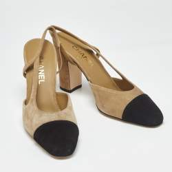 Pre Owned Chanel Beige/Black Suede CC Cap Toe Slingback Pumps Size 40
