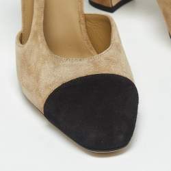 Pre Owned Chanel Beige/Black Suede CC Cap Toe Slingback Pumps Size 40