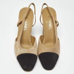 Pre Owned Chanel Beige/Black Suede CC Cap Toe Slingback Pumps Size 40
