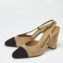 Pre Owned Chanel Beige/Black Suede CC Cap Toe Slingback Pumps Size 40