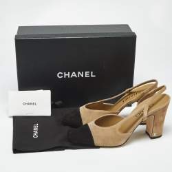Pre Owned Chanel Beige/Black Suede CC Cap Toe Slingback Pumps Size 40