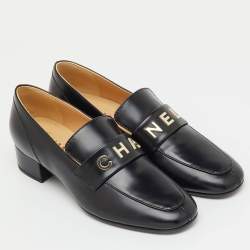 Pre Owned Chanel Black Leather Interlocking CC Penny Loafers Size 38