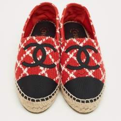 Pre Owned Chanel Red/Black Tweed and Canvas CC Cap Toe Espadrille Flats Size 39