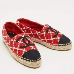 Pre Owned Chanel Red/Black Tweed and Canvas CC Cap Toe Espadrille Flats Size 39