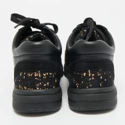 Pre Owned Chanel Black Leather and Tweed CC Logo Lace Up Sneakers Size 36