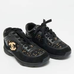 Pre Owned Chanel Black Leather and Tweed CC Logo Lace Up Sneakers Size 36