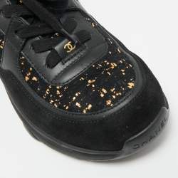 Pre Owned Chanel Black Leather and Tweed CC Logo Lace Up Sneakers Size 36