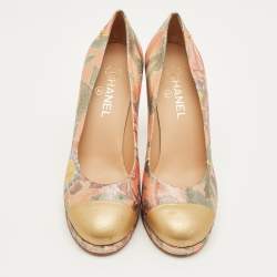 Pre Owned Chanel Multicolor Leather and Lurex Fabric CC Cap Toe Platform Pumps Size 40.5
