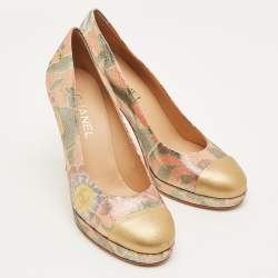 Pre Owned Chanel Multicolor Leather and Lurex Fabric CC Cap Toe Platform Pumps Size 40.5