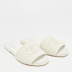 Pre Owned Chanel Interlocking CC Size 41 White Fabric Flat Slides