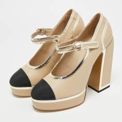 مملوكة مسبقًا حذاء كعب عالي شانيل ماري جين جلد ومحددات قماش بألوان متعددة مقاس 39