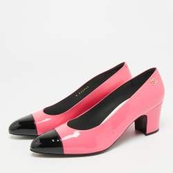 Pre Owned Chanel CC Size 40 Pink/Black Patent Leather Cap Toe Block Heel Pumps
