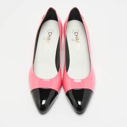 Pre Owned Chanel CC Size 40 Pink/Black Patent Leather Cap Toe Block Heel Pumps