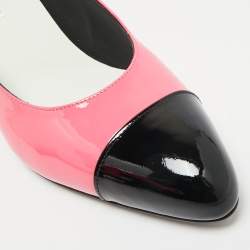 Pre Owned Chanel CC Size 40 Pink/Black Patent Leather Cap Toe Block Heel Pumps