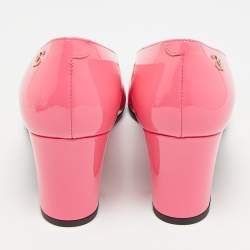 Pre Owned Chanel CC Size 40 Pink/Black Patent Leather Cap Toe Block Heel Pumps