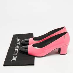 Pre Owned Chanel CC Size 40 Pink/Black Patent Leather Cap Toe Block Heel Pumps