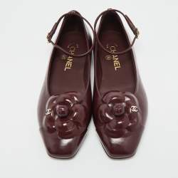 مملوكة مسبقًا Chanel CC Camellia Size 37.5 Burgundy Leather Ankle Strap Ballet Flats