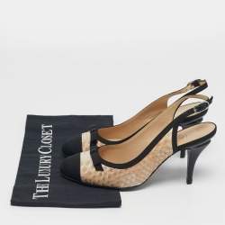 مملوكة مسبقًا حذاء كعب عالي شانيل حزام خلفي مقدمة فيونكة جلد ثعبان وقماش بيج / أسود مقاس 39