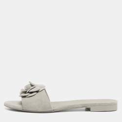 Pre Owned Chanel Size 42 Light Grey Suede CC Camellia Flat Slide Sandals